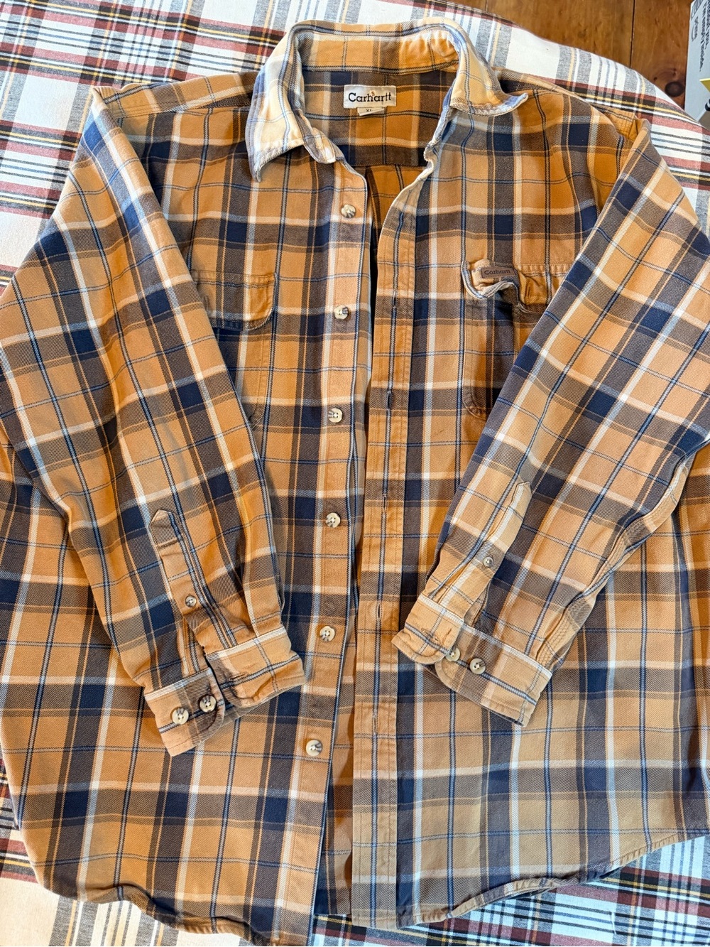 Carhartt Men's Tan and Navy Plaid Button-Down Shirt